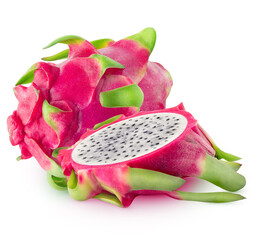 Whole white fleshed pitahaya fruit with half isolated on white background