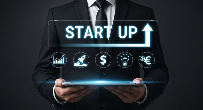 startup business technology, businessman holding digital tablet with glowing icons for launch investment profit idea and marketing innovation to grow new online company

