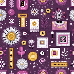 Obraz premium Purple Geometric Floral Seamless Pattern with Abstract Shapes and Flowers