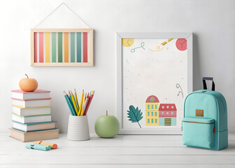 Stacked books with apple pencils green apple framed art and turquoise backpack image