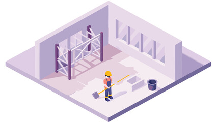 Isometric view of a construction worker sweeping a room with scaffolding and window openings visible