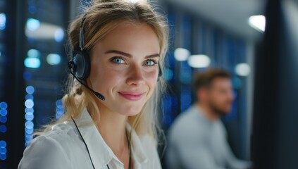 Fototapeta premium Smiling Female Customer Service Representative Wearing Headset in a Data Center, Focus on Her Face.