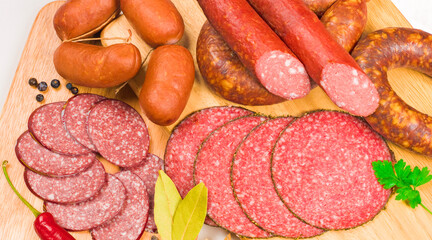 Various types of sausage with spices