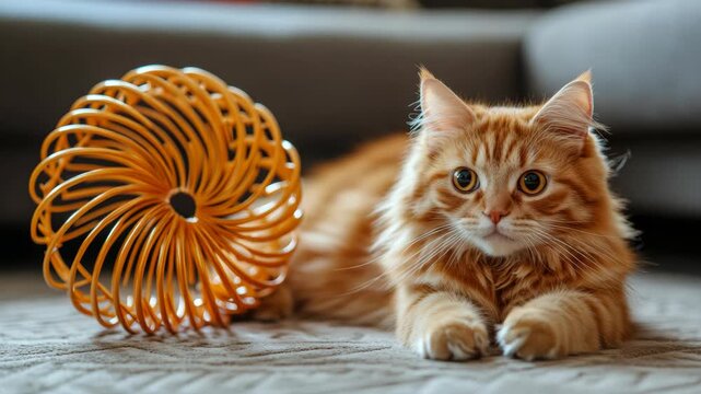 A cute, long-haired yellow cat looking upwards and looking at the camera while lying on a carpet with an orange fuzzy toy nearby.