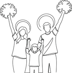 Fototapeta premium Continuous line drawing of happy family cheering with pom poms design vector graphic