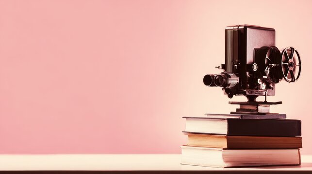 Vintage film projector placed on a stack of books against a soft pink background, evoking nostalgia