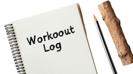 Minimal fitness journal cover with "Workout Log" text isolated on transparent background


