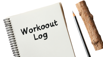 Minimal fitness journal cover with "Workout Log" text isolated on transparent background


