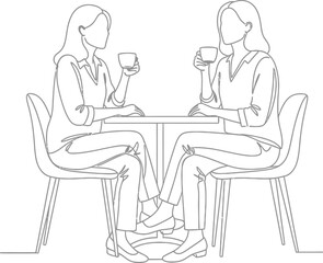 Continuous line drawing of two women drinking coffee and talking illustration art
