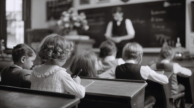 Vintage black and white classroom with young caucasian children and teacher