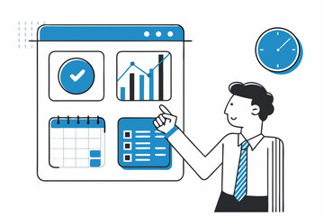 Project Management Dashboard and Business Productivity Tools Vector Illustration.


