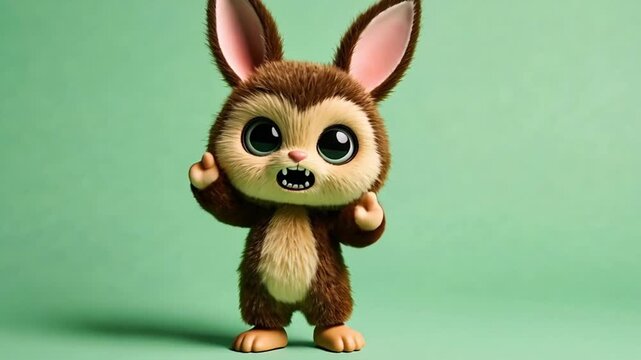 3d rendering of adorable brown cartoon gremlin with big eyes and teeth standing on plain background