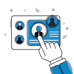 Online user selection and profile management, depicting a hand pointing to a highlighted user profile on a digital interface with multiple user icons, symbolizing choice, customization, and personal a
