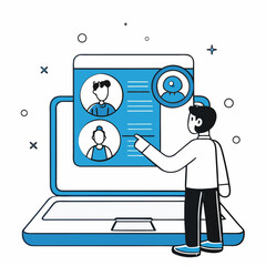 Online candidate selection and human resources management, depicting a person interacting with a laptop displaying multiple user profiles, symbolizing recruitment, team building, and digital hiring pr