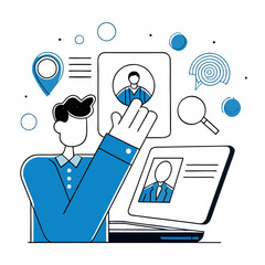 Talent acquisition and human resources management, depicting a person using a laptop to review candidate profiles, surrounded by icons for location, search, and communication, symbolizing recruitment 