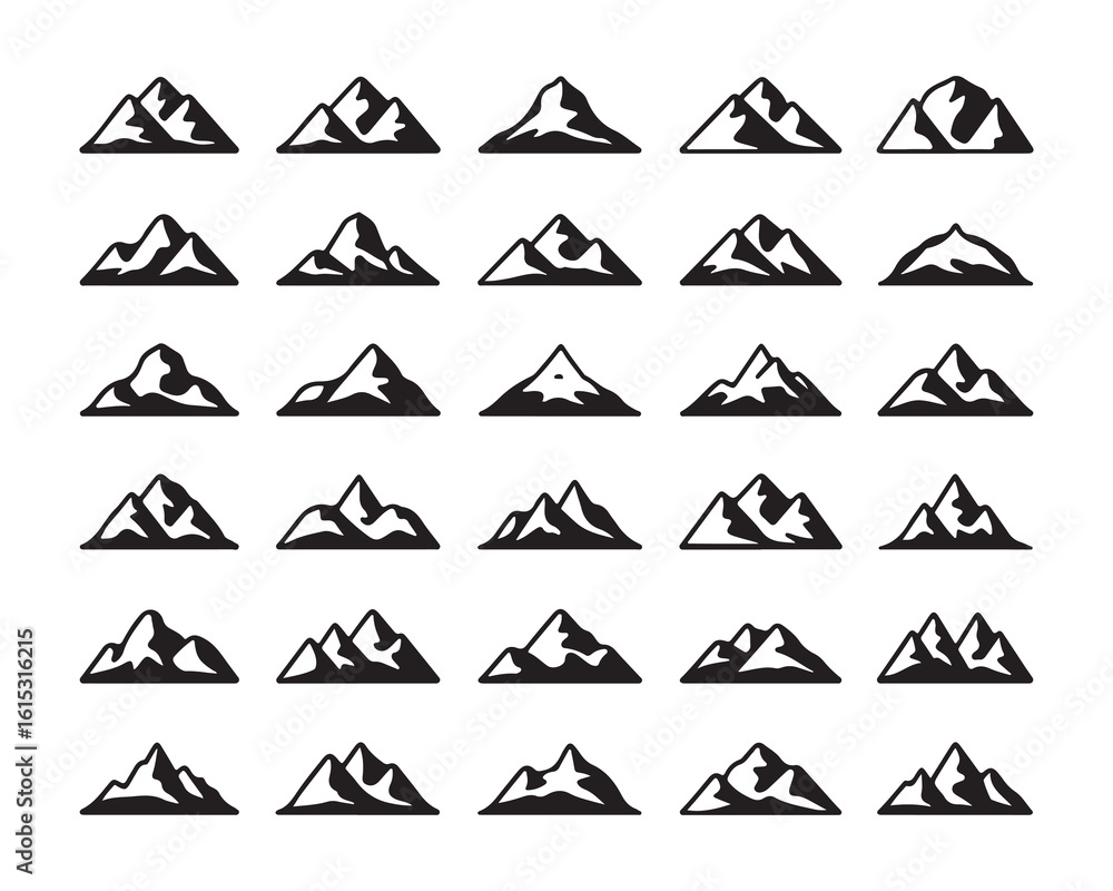 Aufkleber a collection of twenty four mountain icons arranged in a grid pattern on a white background