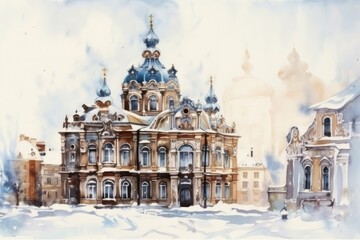 Obraz premium Watercolor illustration of an Orthodox church in a winter city. 
