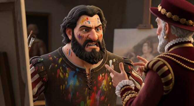 Passionate renaissance painter with a paint-splattered face expresses frustration during a tense critique with a nobleman