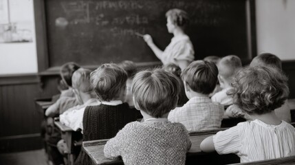 Vintage classroom: caucasian children engaged in learning with female teacher