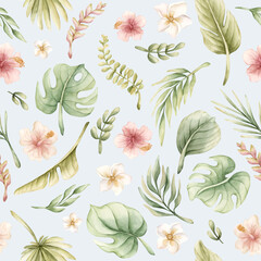 Tropical Leaves and Pink Flowers Exotic Plant Watercolor hand painted summer pastel seamless pattern on blue background