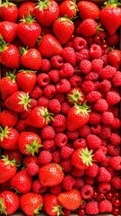 A vibrant mix of fresh strawberries and raspberries