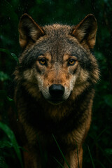 Wild Wolf Close-Up in the Rainy Forest