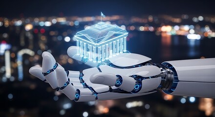 Robotic hand holding holographic building artificial intelligence