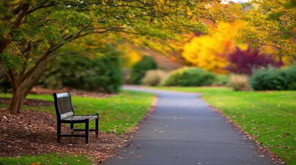 Fototapeta premium Serene autumn park scene featuring a solitary bench along a winding path surrounded by colorful foliage