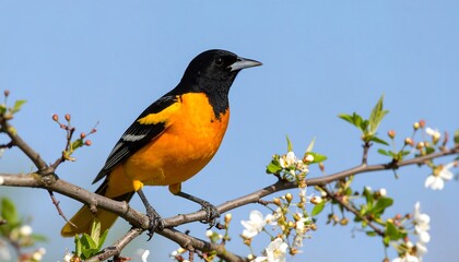 Fototapeta premium A vibrant orange and black bird perched on a blossoming tree branch against a clear blue sky