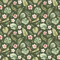 Tropical Leaves and Pink Flowers Exotic Plant Watercolor hand painted summer pastel seamless pattern on green background © Leyla
