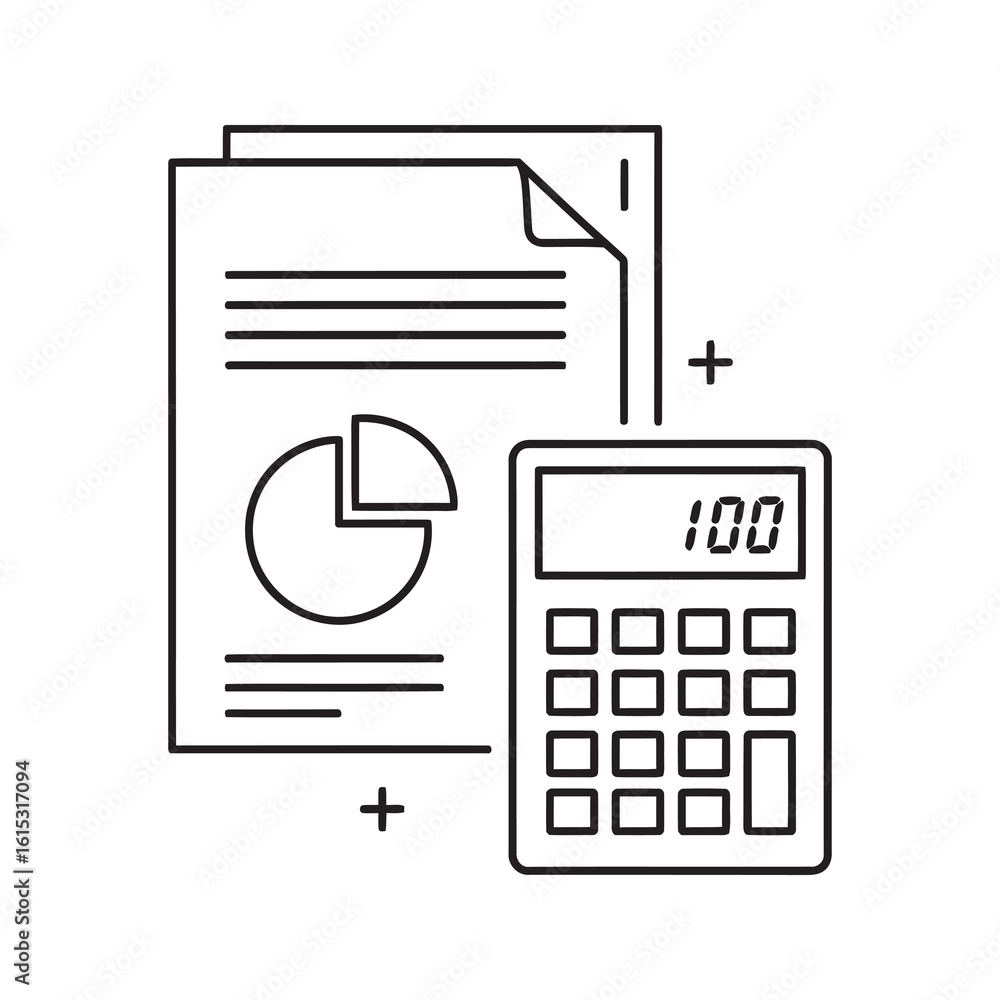 Poster line icon of a financial report with a pie chart and calculator representing business accounting bud