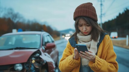 A young woman, wearing a yellow coat and winter scarf, checks her cell phone while driving in the rain. Her car has been in a collision due to distraction. She appears concerned.