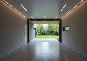 Obraz premium empty corridor in a hotel, Modern garage with sliding door, cool gray paint, light beige walls. Serene driveway, solitary tree, solitary light fixture. Harmonious, tranquil atmosphere in spacious gara