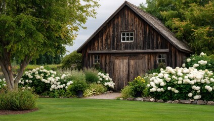 Obraz premium A charming wooden structure with a gabled roof is surrounded by lush greenery, vibrant flowers, and a well-manicured lawn, creating a picturesque scene.