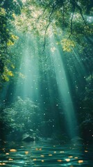 Sun Rays Streaming Through a Lush Green Forest Over Water