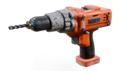 Vintage orange cordless power drill with drill bit on white background
