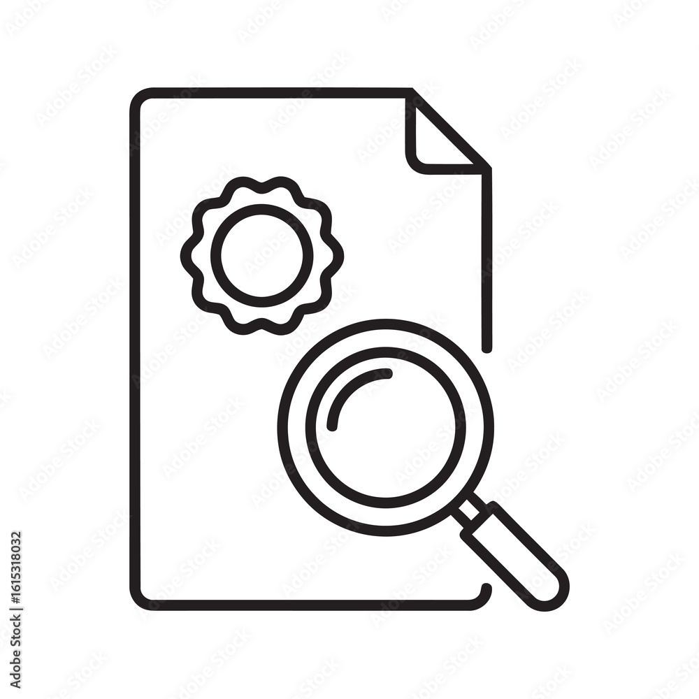 Poster line icon of a document with a gear and magnifying glass representing technical analysis quality ins