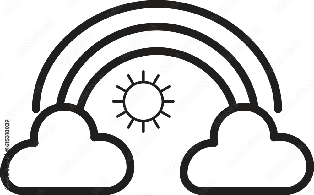 Poster rainbow icon with sun and clouds representing clear weather and optimism with transparent background