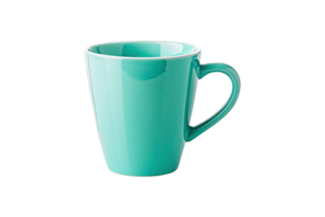 Single turquoise ceramic coffee mug with handle in glossy finish and modern design style, isolated on a transparent background