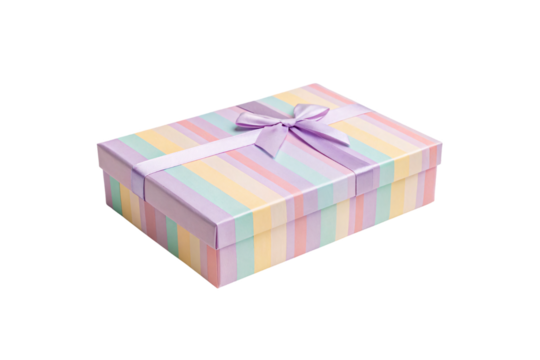 Pastel rainbow striped gift box with lavender purple ribbon bow tied on the lid, isolated on a transparent background