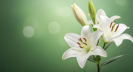 Fototapeta premium Elegant white lilies against a soft green background with bokeh highlights beautiful