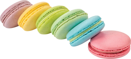 A collection of colorful French macarons in pastel shades .