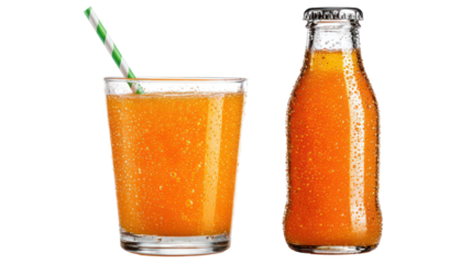 Orange soda with bubbles in a glass bottle and a straw on transparent background

