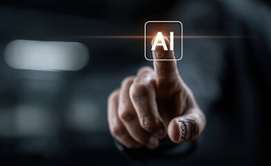 AI business and generative artificial intelligence. Data analysis and robotic processes automation. Businessman touching AI icon on application network system. High quality