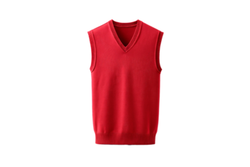 Red knitted sleeveless V-neck vest sweater with ribbed edges and trim, isolated on a transparent background