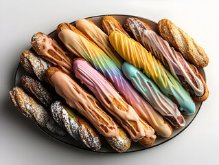 Colorful, glazed pastries arranged on a platter.  Many different shades of icing and sprinkles.  A mix of long, delicate pastries