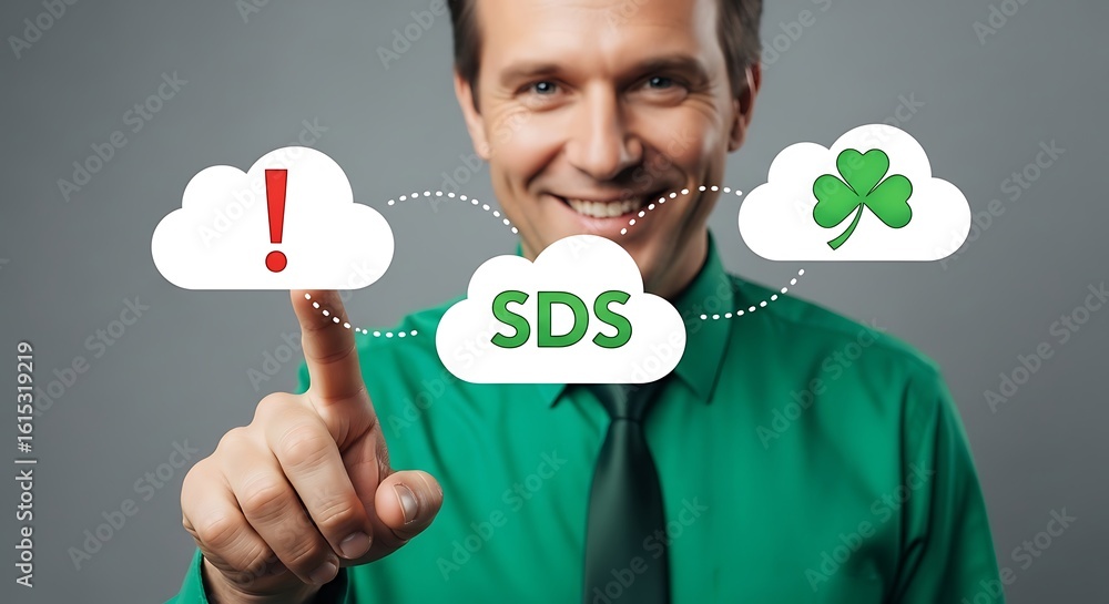 Poster man pointing at cloud icons with text and symbols finger