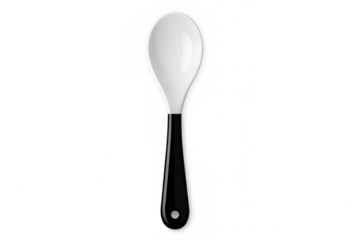 Minimalist white spoon with black handle, showcasing modern design against clean backdrop, highlighting culinary sleekness