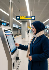 A modern Muslim woman in a hijab uses a digital ticket kiosk at a subway station, purchasing a fare for public transport.