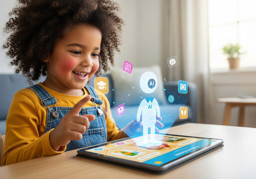 Young child engaging with interactive educational technology and holographic displays on a tablet